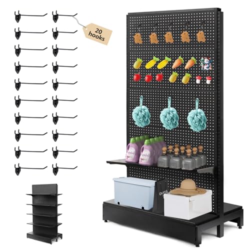 NectaCol Pegboard Display Stand, Gondola Shelf Display for Convenient Grocery Office Supply or Liquor Stores, Standing Pegboard Display Two Sides Peg Board Panels, 20 Hooks, No Including 8 Shelves - size: 1 Unit - Two Sides - Black