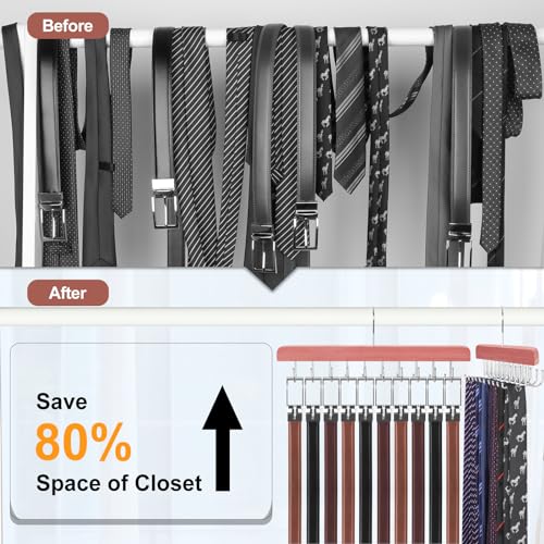 TOPIA HANGER Cedar 2 in 1 Belt Tie Hanger for Closet Max 30 Belts with 30 Ties Capacity, 20 Hooks Belt Tie Racks Hanger for Closet Organizer Storage “U” Fit Belt and “一” Fit Tie - CT53C - color: Cedar