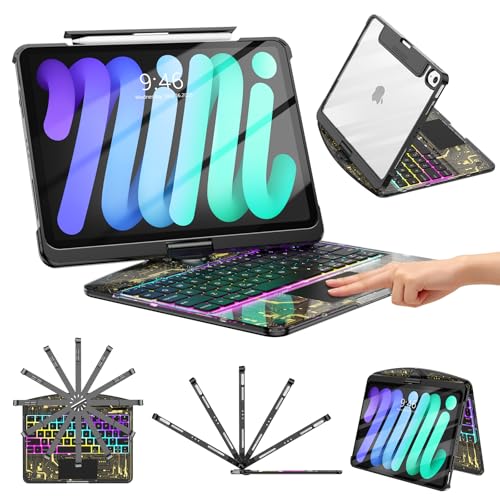 TSQQST Clear Wireless Keyboard Case for iPad mini A17 Pro (Mini 7 2024)/ Mini 6 (2021) 8.3" w/Multi-Touch Trackpad, 7-Color Backlit, Pen Holder, Rotation Case for iPad mini 7th/6th Generation, Black - color: Clear+Black, size: Mini7/6