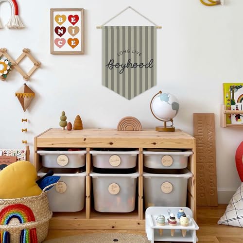 Boys Room Decor, Long Live Boyhood Boy Nursery Linen Canvas Banner, Grey Striped Wall Hanging Pennant Flag Banner for Boys Nursery Kids Toddler Room Bedroom Playroom Decor, 15x11in - color: boyhood-Vertical Stripes Beige Gray