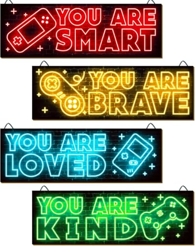 4 Pcs Neon Gaming Wooden Wall Sign Neon Gamer Hanging Sign Wall Decor Inspirational Wood Wall Art Decor for Boys Kids Room Bedroom Playroom Decorations, 12 X 4 Inch - color: a, size: 12x4