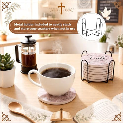 Domensi 8 Pcs Christian Coaster Set Ceramic Coaster with Bible Verse Religious Absorbent Coasters Marble Style Drink Cup Mat for Church Christian Decoration Table Protection - style: Marble