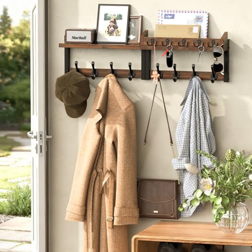 35'' Long Rustic Coat Rack Wall Mount with Shelf, Solid Wood Coat and Key Hanger with 13 Metal Hooks, Farmhouse Wall Organizer for Mail, Entryway Wall Hangers for Hats, Clothes, Backpacks, Mudroom - color: Rustic Brown, size: 35Inch