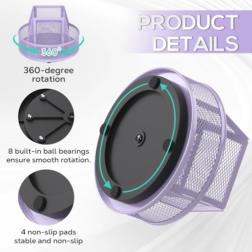 YINGHUA Metal Mesh Desk Organizer with 5 Compartments and Rotating Pencil Holder Pen and Stationery Organizer for Office Home School Anti Slip Base Purple - color: Purple