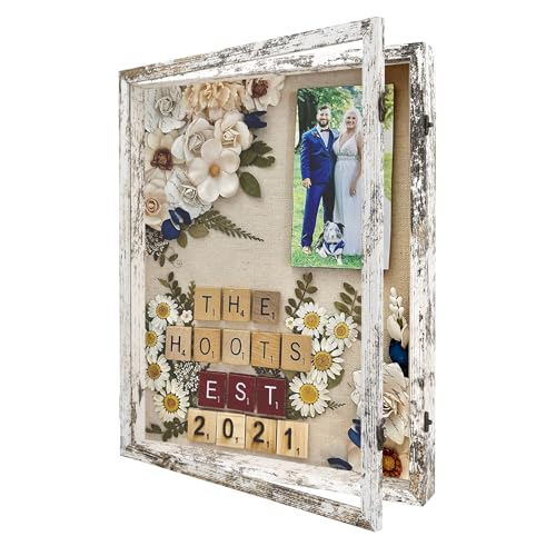GraduatePro Shadow Box Frame 16x20 Display Case with Linen Back, Plexiglass Window Door with Hinge, Picture Frame Wedding Bouquet Memorabilia Medals Photos Memory Box for Keepsakes Rustic White - color: Rustic White, size: 16"x20" (40.6x50.8 cm)