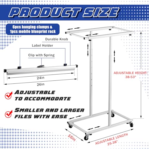 Kolldenn Mobile Blueprint Storage Rack Adjustable Holder with 6 Pcs Blueprint Clamps 4 Wheels Storage Organizer Stand for File Display Plan Office Home(24 Inch) - size: 24 Inch