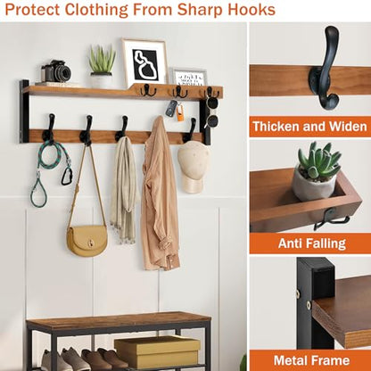 dreampossible 4 in 1 Coat Rack Wall Mount with Shelf, Coat Hooks 25.2" Entryway Coat Hanger with Key Hooks and Mail Holder, Wall Hooks with Shelf, Hat Rack for Wall Key Holder Mail Organizer - color: Brown