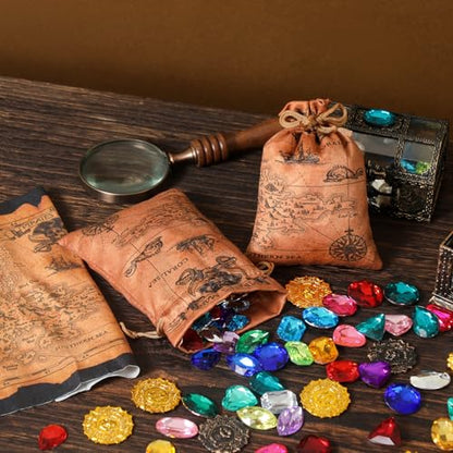 RICHNESS 16pcs Pirate Party Favor Bags Treasure Map Bag with Drawstring Closure Satin Party Loot Bags 4.5X6 Inches Goodie Bags - color: Brown