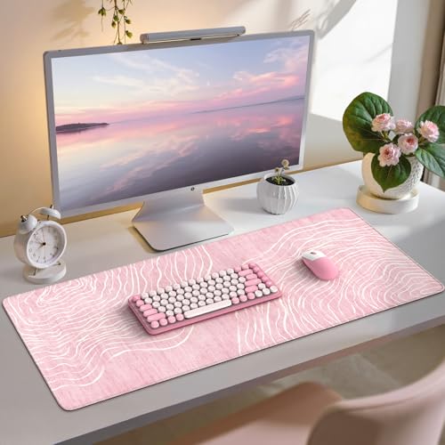 iCasso Large Desk Mat Pink,Big Mouse Pad with Stitched Edges,Aesthetic Computer Pad for Desktop,Anti-Slip Keyboard Mat for Women,Cute Girly Desk Cover Protector Work from Office Home Dorm - color: Wave-Pink