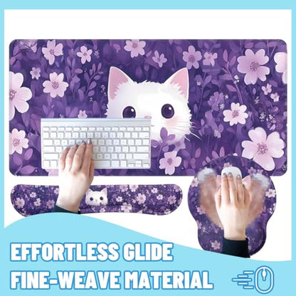 Cute Cat Desk Mat Set Purple Floral Kawaii Cartoon Large Mouse Pad with Wrist Rest 4in1 Desk Mat for Desktop Ergonomic Keyboard Wrist Support Anti-Slip Computer Ergonomic Mouse Pad Home Office Gaming - color: Cute Cat