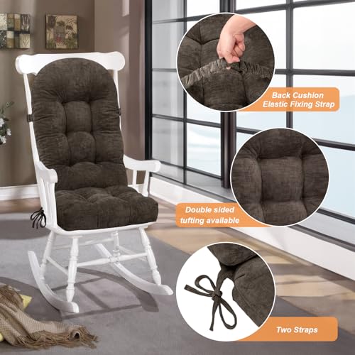 Rocking Chair Cushion - Chenille Fabric, High-Density Sponge, Durable Comfort Double-Sided Tufted Seat Pads with Ties, Chenille︱Dark Brown, 44x19x4 inch - color: Reversible | Dark Brown