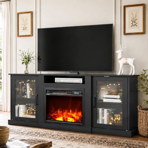 WLIVE Fireplace TV Stand for 65" TV, Entertainment Center with 3D Realistic Flame Electric Fireplace, TV Console with Open Shelves for Living Room, Black - color: Black, size: 58'' Fireplace TV Stand