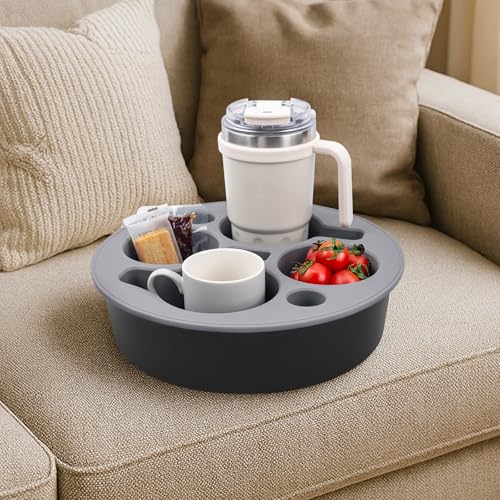Couch Cup Holder Tray Round, Bonfixe 4-Cups Bedside Drink Holder for Elderly/Pregnancy, Stable Non-Spill Silicone Couch Caddy for Remote Control, Glasses‌, Snacks, Phones‌ (Black-Gray) - color: Black-gray