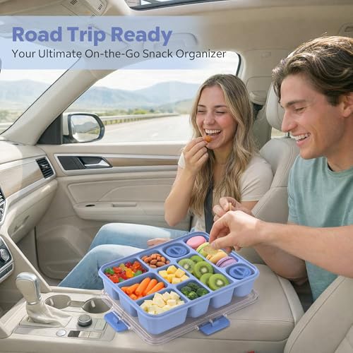 Snackle Box Container for Adults with 10 Compartment, Divided Serving Tray with Lid and Handle and 2 Sauce Containers, Portable Snack Box Container for Charcuterie Party Travel, Blue - color: Light Blue