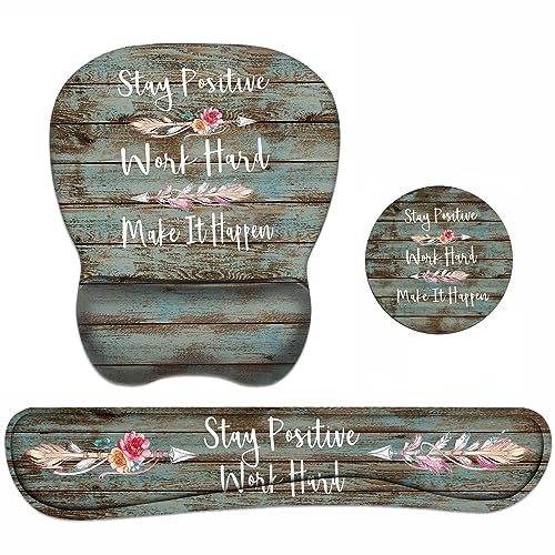 Mouse Pad Wrist Support and Keyboard Wrist Rest Set with Coasters, Inspirational Quote Stay Positive Work Hard and Make It Happen Non-Slip PU Base Ergonomic Mousepad for Home Office Working Studying - color: Inspirational Quote Stay Positive Work Hard and