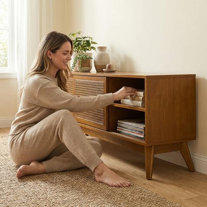 LKTART Mid Century Modern Rattan TV Stand for 65 Inch TV,59" Boho Media Console with Sliding Doors & Open Shelves,Solid Wood Legs for Living Room,Light Walnut - color: 59" Light Walnut