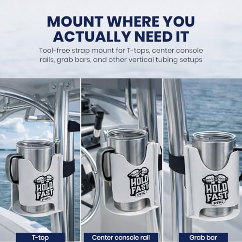 HoldFastPro Boat Cup Holder, Adjustable Universal Boat Cup Caddy for Rails & Grab Bars, Marine Drink Holder for Center Console, & T-Top Mounting, White - color: White