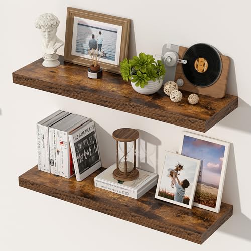24 Inch Floating Shelves, 12 Inch Deep Floating Shelves for Wall, Extra Deeper & Thicker Wooden Wall Shelf with Invisible Brackets, Shelf for Bedroom Home Decor（Rustic Brown, Set of 2） - color: Rustic Brown, size: 24"W x 12"D x 2"H, Set of 2