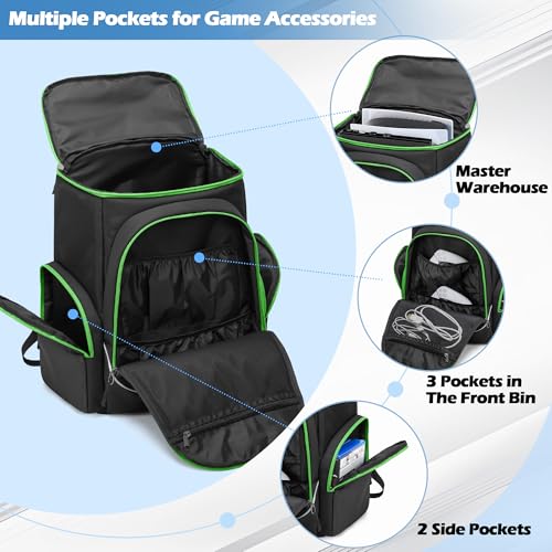 Trunab Gaming Console Backpack Compatible with Playstation 5 / PS5 Slim / PS4 / Xbox One, Travel Carrying Bag with Multiple Pockets for 15.6” Laptop and Gaming Accessories - color: Green Zip