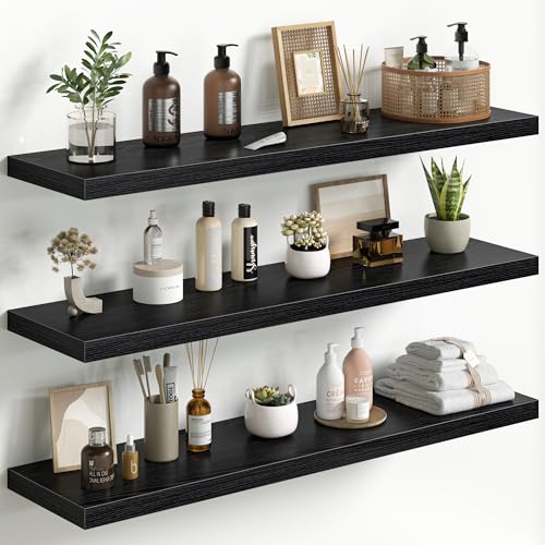 Fun Memories Floating Shelves for Wall 40 Inch Set of 3, Farmhouse Floating Shelves with Invisible Heavy Duty Bracket, 10 Inch Deep Bathroom Shelves for Storage, Living Room, Kitchen, Decor, Black - color: Black, size: 40"W x 10"D - 3P