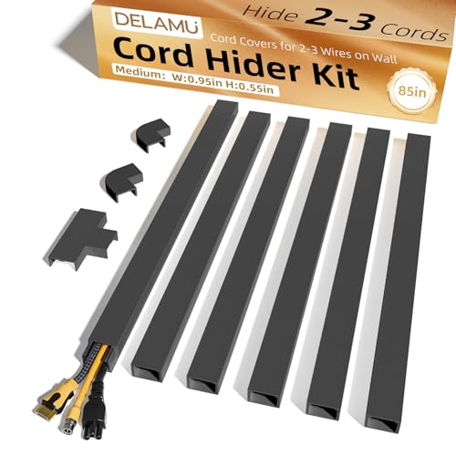 Delamu Black Cord Hider, 85in Cord Covers for 2-3 Wires on Wall, Self-Adhesive Cable Hider, Wire Hiders Wire Covers for TV Cords on Wall, Easy Mount Cable Cover Raceway Kit, W0.95 H0.55in, Black - color: Black, size: 85in L x 0.95in W x 0.55in H