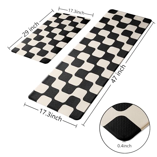 Black Beige Retro Curvy Checkered Grid Checkerboard Kitchen Rug Sets [2 PCs], Anti-Fatigue, Waterproof Non-Slip Kitchen Mats Heavy Duty Comfort Foam Rug for Floor, Home, Laundry,17"x29"+17"x47" - color: Milkgrid-black & Beige, size: 17.3"x29"+17.3"x47"-0.