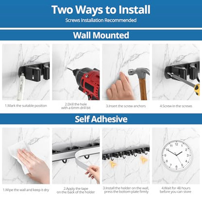 2 Pack Mop and Broom Holder Wall Mount, 5 Racks and 4 Hooks Broom Organizer Storage Garage Tool Racks Wall Mounted Mop Hanger for Home Kitchen Garden Laundry (Black)