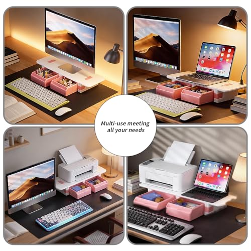 Desk Organizer and Accessories, Computer Monitor Riser Laptop Stand with Drawer Privacy Protection, Office Desk Accessories & Workspace Organizers for Office Supplies, Pink