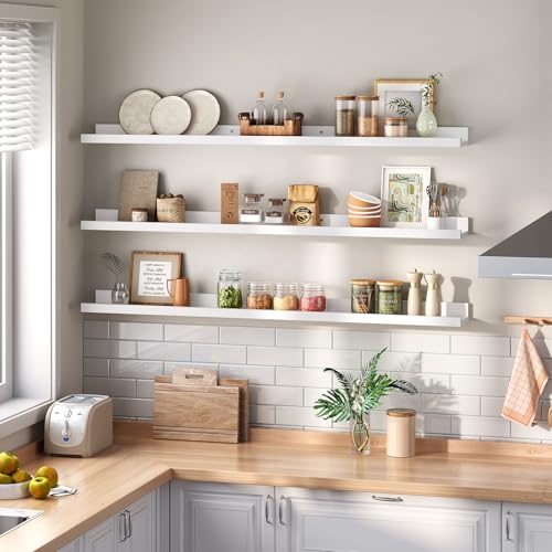 HOOBRO Floating Shelves, Wall Shelf Set of 3, 47.2 Inches Hanging Shelf with Raised Edge and Invisible Brackets, for Bathroom, Bedroom, Kitchen, Office, Living Room Decor, White WT92BJ01 - color: White, size: 47.2 Inches