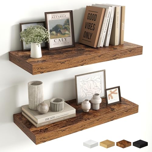 Fun Memories 24 Inch Floating Shelves Wall-Mounted, 10 Inch Deep Wall Shelves, 24 x 10 Floating Shelf for Living Room Bathroom Bedroom, Rustic Brown, Set of 2 - color: Brown Color, size: 24W x 10D x 1.5H