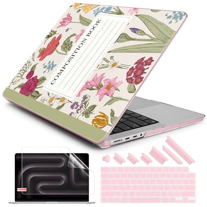 DONGKE Case for MacBook Pro 14 Inch (2026-2021 Release, M5 M4 M3 M2 M1 Pro/Max Chip), Plastic Slim Hard Shell Protective Cover with Keyboard Cover & Screen Protector, Green Composition Book - color: Green Composition Book