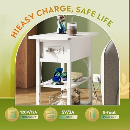 WLIVE End Table with Charging Station, Flip Top Side Table with Storage Shelf, Sofa Couch Table with USB Ports and Outlets, Narrow Bedside Table for Living Room, Bedroom ,11.81"D x 23.62"W x 24.33"H - color: White