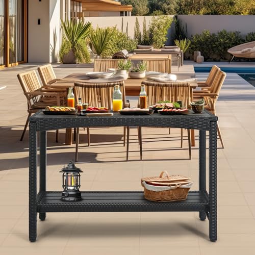 Outdoor Console Table Patio Buffet Bar Storage Organizer 45" Long Wicker Sofa Serving Sideboard Table 2-Shelf Outdoor Narrow Bar Table Tall Rectangle with Adjustable Feet for Entryway Black - color: Black