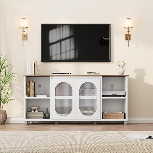 IDEALHOUSE TV Stand for 65" TVs with Fluted Glass Media Console, White | Media Storage Cabinet, Entertainment Center, Fluted Glass Doors, Open Display Shelves, Bedroom & Living Room - color: White
