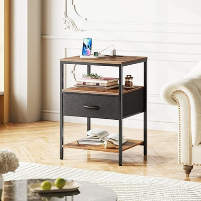 SUPERJARE Night Stand with Charger Station, 27.7 Inch Tall Nightstand with Adjustable Fabric Drawer, Bed Side Table, Fabric Drawer Dresser for Bedroom, Living Room, Rustic Brown and Black - color: Rustic Brown and Black, size: L (15.7"D x 17.7"W x 27.7"H)