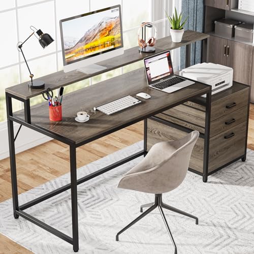 Tribesigns 63 Inch Computer Desk with File Drawer Cabinet, Ergonomic Office Desk with Monitor Stand, Industrial Computer Table with Printer Space, Wood PC Table Workstation Desk for Home Office - color: Grey