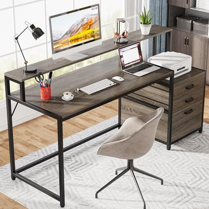 Tribesigns 63 Inch Computer Desk with File Drawer Cabinet, Ergonomic Office Desk with Monitor Stand, Industrial Computer Table with Printer Space, Wood PC Table Workstation Desk for Home Office - color: Grey