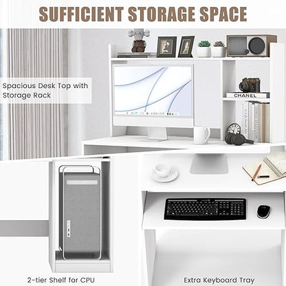 COSTWAY White Modern Large Computer Desk with Storage Shelf, Office Desk with Hutch, CPU Stand & Keyboard Tray, Home PC Desk with Bookshelf, for Bedroom, Study, Living Room