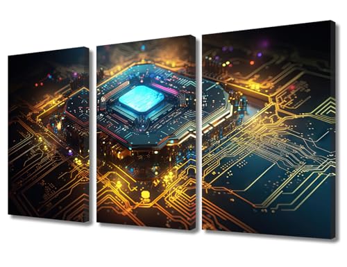 3 Panels Computer Chip Wall Art for Living Room Microchip Processor Framed Wall Art CPU Concept Wall Decor for Bedroom Modern Artwork Posters and Prints Framed Ready to Hang (36"Wx24"H) - color: Artwork-05, size: 36"Wx24"H