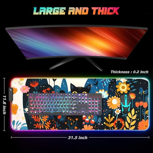 ITNRSIIET RGB Gaming Mouse Pad, Full Desk XL Extended Large Gaming Mousepad, 12 Lighting Modes 30% Thicker Big LED Desk Mat for Gamers, 32 x 12 inches, Cat in The Bush - color: Cat in the Bush