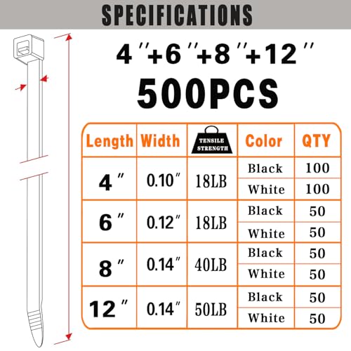 Cable Zip Ties, 500 Pack Black and White Zip Ties Assorted Sizes 4/6/8/12 Inch,Heavy Duty Self Locking Zipties, Nylon Cord Management,Plastic Wire Ties for Indoor,Outdoor,Office,Home,Garden,Workshop - size: 4/6/8/12"-18/40/50LB
