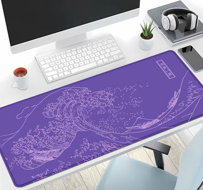IMAYONDIA Great Wave Large Gaming Mouse Pad, Purple Minimalist Japanese Desk Mat, Gamer Aesthetic Extended Mousepad Cute, Non-Slip Rubber Base Lilac Desk Pad for Office- 31.5 X 11.8 Inch - color: Purple Great Wave