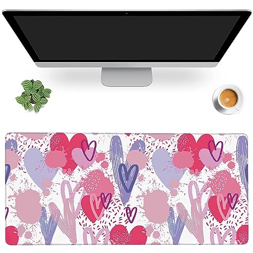 MIOAOSRT Desk Mat,Pink and Violet Hearts Gaming Mouse Pad,XXL Extended Mouse Pad Mat for Office,Computer,Keyboard with Non-Slip Base Stitched Eges Mousepad 35.4x15.75 inch - color: Pink and Violet Hearts