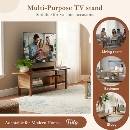 Tiita TV Stand with Storage for TVs up to 65'', Bamboo TV Console Entertainment Center with 2 Open Shelf, Mid Century Modern Media Console for Living Room, Bedroom, Walnut - color: Classic Walnut