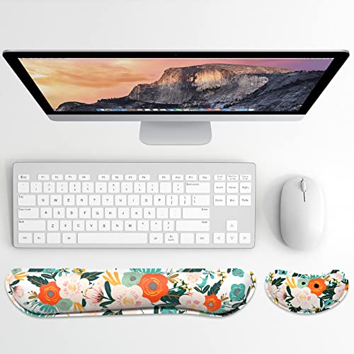 Dapesuom Enlarge Keyboard Wrist Rest, Memory Foam Wrist Cushion for Desk Mats Support, Cute Flower Pain Relief Keyboard Mouse Pad Rests Set with Non-Slip Base for Gaming Laptop Office Computer, Pink - color: Cute Pink Flowers