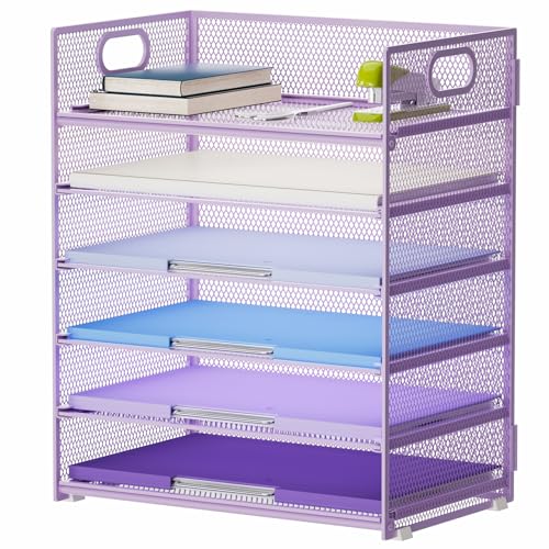 Marbrasse 6 Tier Paper Organizer Letter Tray - Mesh Desk File Organizer with Handle, Paper Sorter for Letter/A4 Office File Folder Holder - Purple - color: 6 Tier - Purple