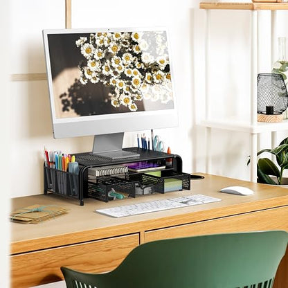 Simple Houseware Monitor Riser Stand with Pull-Out Drawer and Pen Holders, Black