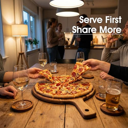 12" Acacia Wood Pizza Board & Cutting Board Set with Pizza Cutter, Round Wooden Serving Tray/Charcuterie Platter for Cheese, Appetizers & Entertaining, Rustic Housewarming Gift - size: 12 inch