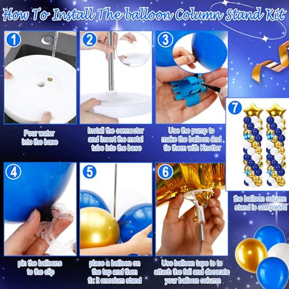 Gejoy 110 Pcs Blue Gold Balloons Column Stand Kit Adjustable Tower Stand from 1.4 to 6.6 ft with Bases for Back to School Wedding Birthday Baby Shower Party - color: Blue Gold