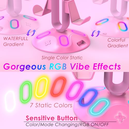 Gaming RGB Headphone Stand, Controller Holder with 9 Light Modes - Headset Stand with 2 USB Charging Ports and 3.5mm & Type-C - Controller Stand Hanger Accessories for Desk and Gamer(Pink)… - color: Pink